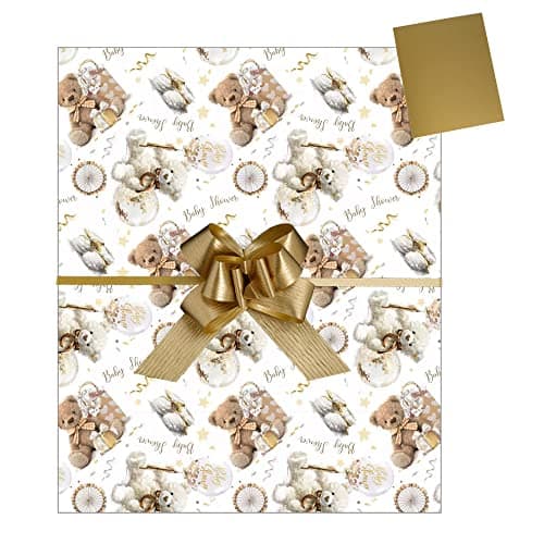 Image of Gift wrap Baby Shower Teddy Bear Pack, 2 Wrapping Paper Sheets 2 Gold Tags 2 Gold Pull Bows. Packaged in an A4 Boarded Envelope for Protection.