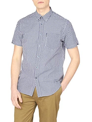 Image of Ben Sherman Men's Ss Signature Core Gingham Slim Fit Checkered Button Down Short Sleeve Casual Shirt, Blue (Dark Blue 26), Large (Manufacturer Size: L)