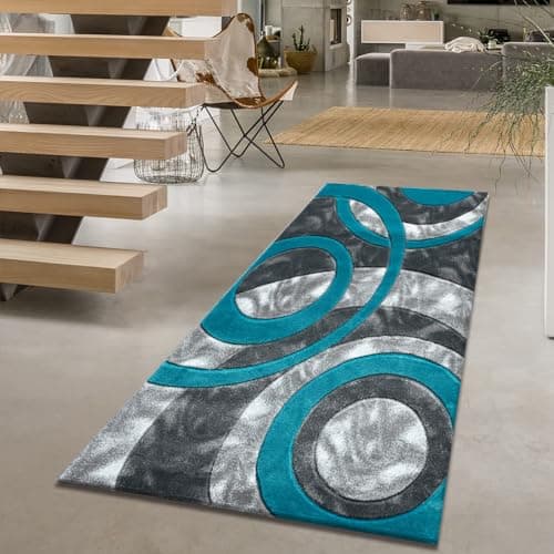 Image of Rugs Inn Retro Runners for Hallways Circle Design Soft Dense Pile Washable Non Slip Heavy Water Absorbent Kitchen Runner Rug (Teal, 80 X 150 cm)
