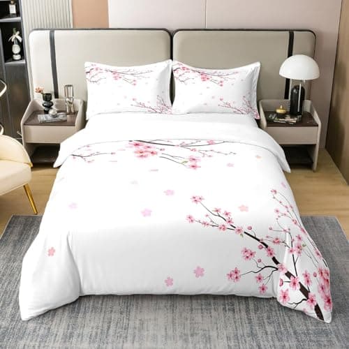 Image of Homewish Cherry Blossoms 100% Cotton Duvet Cover Double,Girls Pink Floral Bedding Set,Spring Japanese Flowers Bed Set,Pale Pink Blossom Petal Comforter Cover,Romantic Branch Bedspread Cover,3Pcs
