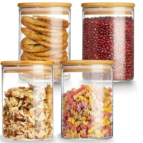 Image of MEETOZ 750ml Set of 4 Glass Jars with Bamboo Lids,High Borosilicate Glass Transparent Airtight Food Storage Tank,Large Capacity Kitchen Food Containers for Spices,Coffee Beans,Oatmeal
