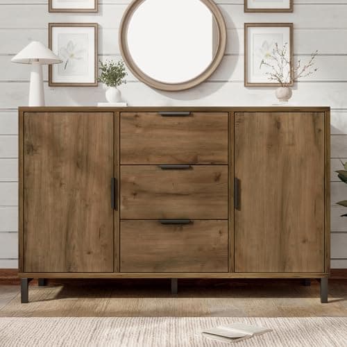 Image of Merax Sideboard Cabinet Cupboard with 2 doors and 3 drawers, rustic Sideboards for Living Room, Kitchen, and Hallway, Adjustable shelf, 120 x 40 x 76 cm, dark oak