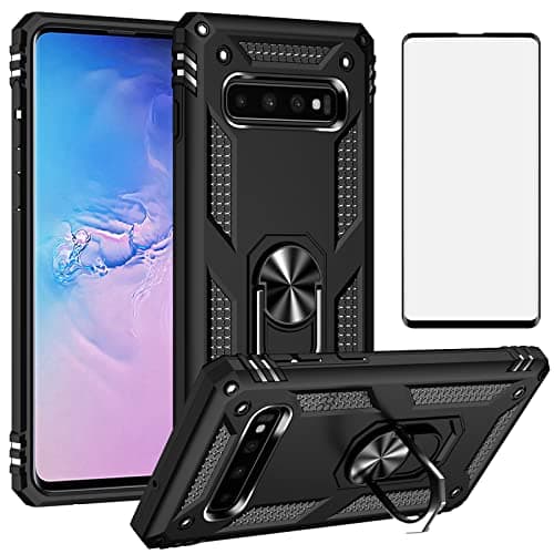Image of Phone Case for Samsung Galaxy S10 Plus with Tempered Glass Screen Protector Magnetic Stand Ring Holder Accessories Heavy Duty Rugged Protective Shockproof Hard S10+ 10S Edge S10plus Women Men Black