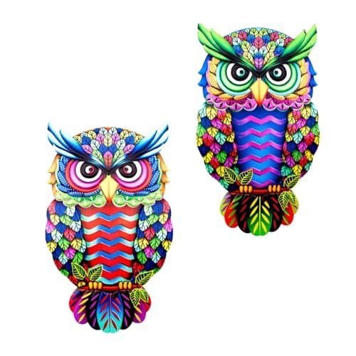Image of TourKing 2 Pack Metal Owl Wall Art Decor, Wrought Iron Colorful Owl Wall Sculptures, Outdoor Garden Fence Ornaments for Backyard Patio