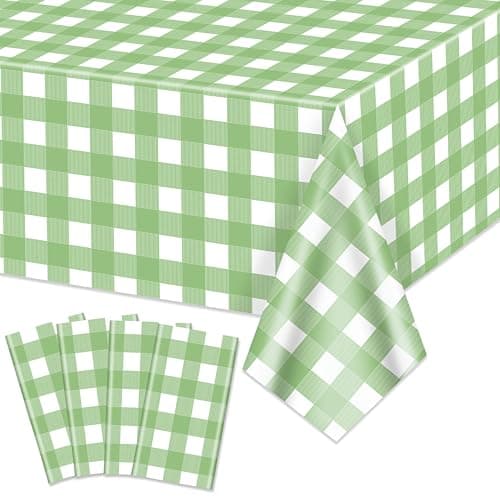 Image of Hegbolke 4 Pack Light Green Gingham Tablecloths, Light Green and White Checkered Tablecloths 86.6 x 51.2 Inches Rectangular Waterproof Picnic Table Covers for Birthday Party Holiday Outdoor Supplies