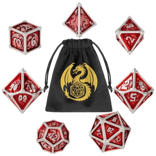 Image of Metal Dice Set, Dragon Pattern, 7pcs Polyhedral Metal DND Dice Set, DND Starter Set, D&D Gifts with Gift Bag, Role Playing Board Games Accessories, Red