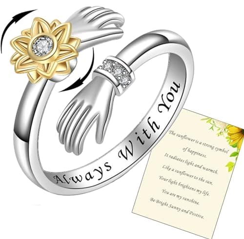 Image of 925 Sterling Silver Hug Rings for Women - I Love You Forever, Mother, Sister Gifts - Engraved Words, Hugging Hands, Open Ring - Friendship Jewelry (Sunflower-Always with you)
