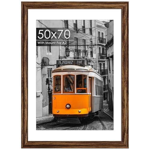 Image of QPQIYIY 50x70cm Brown Frame, Engineered Wood and Plexiglass, Picture Frames 50cmx70cm with Mount for A2 Prints, Photos, and Posters, Wall Mountable, Poster Frames 50 x 70cm