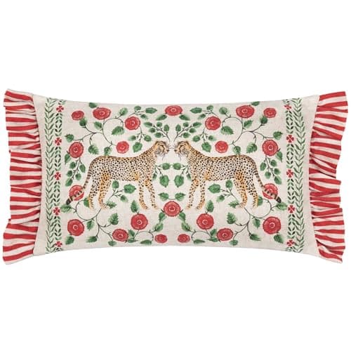 Image of furn. Wylder Tropics Okara Leopards Printed Ruffle Cushion Cover - Linen/Red - 30x50cm