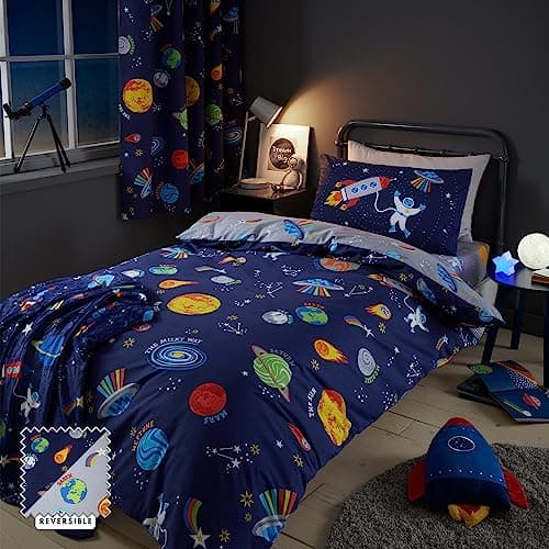 Image of Catherine Lansfield Lost In Space Reversible Single Duvet Cover Set with Pillowcase Blue