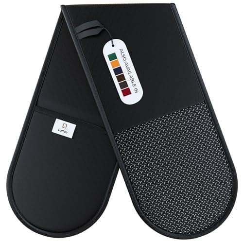 Image of Double Oven Gloves Heat Resistant by Laffair® - Black Oven Gloves - Non-Slip Silicone - Black Kitchen Accessories - Modern Oven Mitt & Potholder for Home Cooking - Maximum Heat Protection