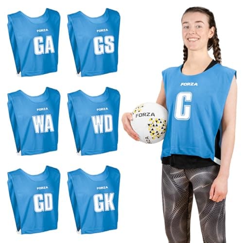 Image of FORZA Pro Netball Bibs [7 Pack] | Full Netball Player Position Bib Pack Available in 7 Colours - Breathable and Comfortable Bibs for Schools & Clubs (Blue, Medium)