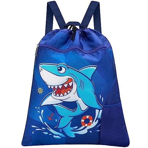 Image of WAWSAM Shark Gym Drawstring Bag - 38 x 45 cm Sports Gym Bag Drawstring Bag for Girls Kids Waterproof String Backpack for Beach Swim Travel Yoga Gift with Zipper Pocket and Water Bottle Pocket