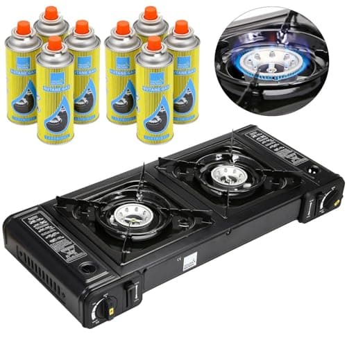 Image of Taylor & Brown Portable Dual Burner Camping Stove, Black with 8 Butane Gas | EN417 Compliant Premium Double Gas Cooker | with Automatic Ignition & Heat Control | for Camping, BBQ & Outdoor Cooking