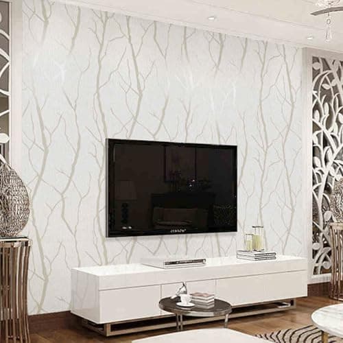Image of Trafagala Cream White Wallpaper 3D Embossed Striped Feature Branch Glitter Wallpaper Flocking Textured Modern Minimalist for Bedroom Living Room TV Backdrop Hallway Hall Lounge