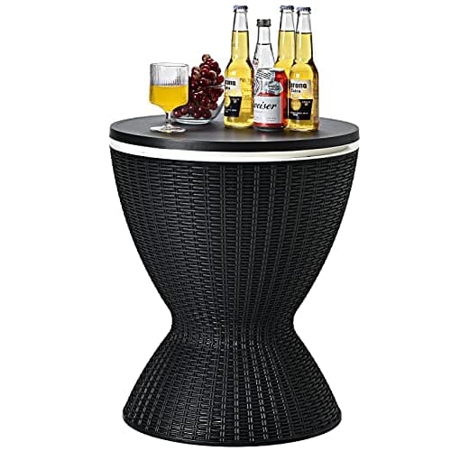 Image of CASART 30L Rattan Effect Ice Bucket, Height Adjustable Bar Beer Cooler Table, Outdoor Coffee Cocktail Table Round Stool for Garden, Patio, Party, Deck and Pool (Black)