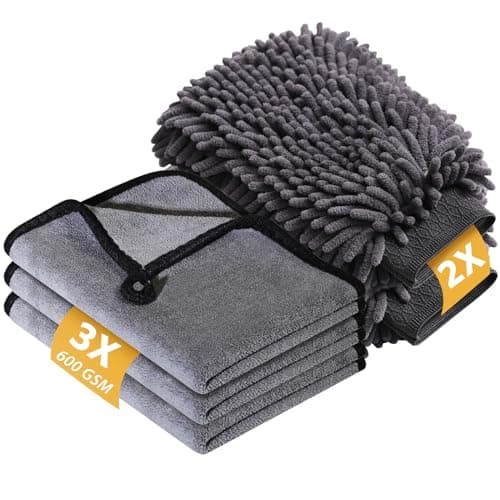 Image of KEYAYE 5 Pcs Car Washing Kit with 3x Microfibre Cleaning Cloth and 2er Microfibre Wash Mitt, Dual-Sided Ultra Soft Drying Towels and Gloves for Car Care, Polishing, 600GSM, 40x30cm
