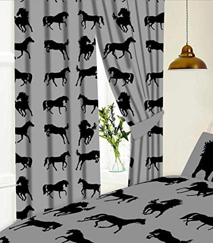 Image of KIDZ KOLLECTIONZ 66" x 54" Horses Grey Curtains With Tie Backs, Pencil Pleat, Novelty Kids Pony Equestrian Show Silhouette, Black Charcoal