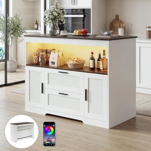 Image of Kitchen Island with Storage&LED Lights, Kitchen Cabinet Island with Breakfast Bar,2 Cabinets,2 Drawers,Open Compartment&Footrest, Multifunctional Sideboard for Kitchen,Dining&Living Room,120*60*88CM