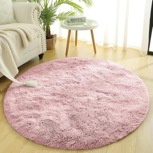 Image of BedLooms Round Rugs Living Room 120x120 CM – Pink Area Rugs for Bedroom Non Slip – Modern Super Soft Plush Carpets Fluffy Shaggy Rug for Lounge, Dining Room – Non Shedding Bedside Rug for Kids Room