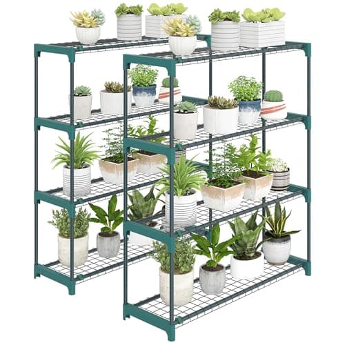 Image of Outsunny 4-Tier Plant Stand Indoor Outdoor, Set of 2 Metal Plant Shelf with Rack Buckles for Easy Assembly, Flower Display Rack for Potted Plants Garden Balcony Decor, 90 x 28 x 104 cm