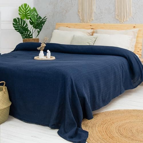 Image of Milam London Bed Throw King Size | Cotton Throws for Sofas Large | Bedspreads King Size Blankets for Beds | 220 x 240cm | 86”x94” Navy Blue