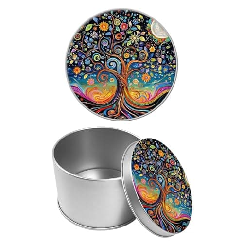 Image of SROJDHFJB Round Metal Tin Container with Removable Lid, Art Tree Durable Metal Storage Box for Cookies Spices Tea Candies Cakes Jewelry Cosmetics 3.54 x 2.36 inch– Single Pack