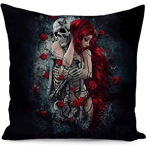 Image of HUASHUZI Skull Gothic Cushion Cover Sugar Skeleton Decorations Rose Girl Black Throw Pillow Cover Case Double-sided Design Home Decor for Livingroom Couch Sofa Gifts 18"x18"(45x45cm)