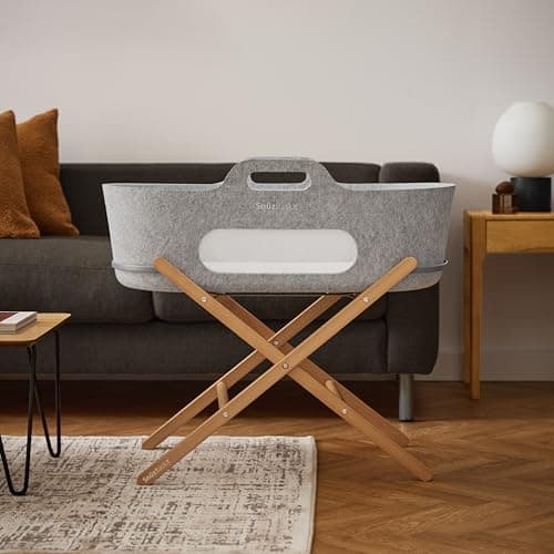 Image of Snuz SnuzBaskit Moses Basket with Mattress & Folding Stand Bundle, Breathable Mesh Windows, Travel Crib, Suitable for Newborn to 6 Months, Stylish & Versatile for Home or Travel, Light Grey & Natural