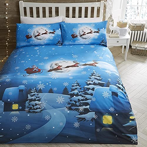 Image of Bedlam Glow in the Dark Christmas Duvet Cover – Double Size 200x200cm – Santa Sleigh & Snow Scene – 2 Pillowcases – Festive Bedding Set for Kids & Adults – Xmas Decorations for Bedroom