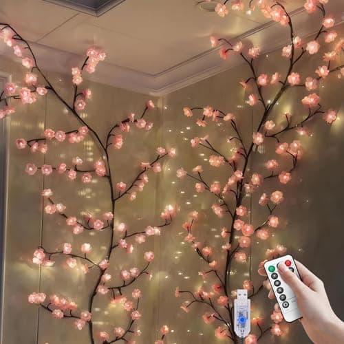 Image of VIMAZ LED Cherry Blossom Tree Branch Lights for Wall,8 Modes Cherry Blossom Lights with 48 LED,Remote Timer,Blossoms Vine Fairy Light,Decorations for Bedroom Room Wall Decor