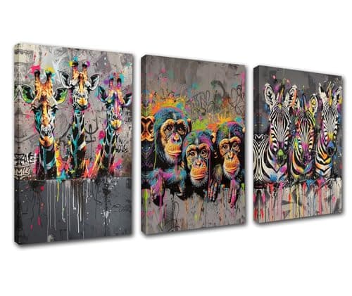 Image of 3 Piece Canvas Wall Art Graffiti Banksy Animals Pictures Giraffe Monkey Zebra Paintings Contemporary Office Artwork Street Graffiti Home Decor for Living Room Wooden Framed Ready to Hang 42”Wx20”H