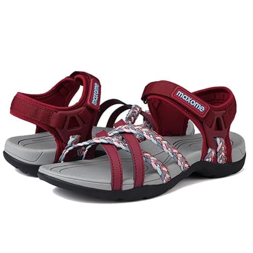 Image of Maxome Hiking Sandals Women Summer Walking Sandals for Women Comfortable Sports Sandals Casual Hook Loop Strap Beach Sandals Red