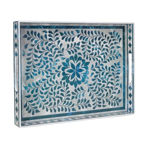 Image of MAONAME Rectangular Decorative Serving Tray, Plastic with Handles, Modern Blue Tray for Ottoman, Coffee Table, Living Room Decor, 15.7" x 11.8" x 1.6"