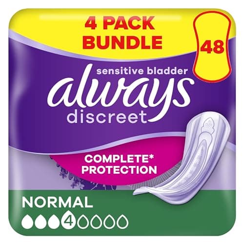 Image of Always Discreet Incontinence Pads Women, Normal, 48 Moderate Absorbency Pads (12 x 4 Packs), Bigger Pack, Odour Neutraliser, Discreet and Flexible, for Sensitive Bladder