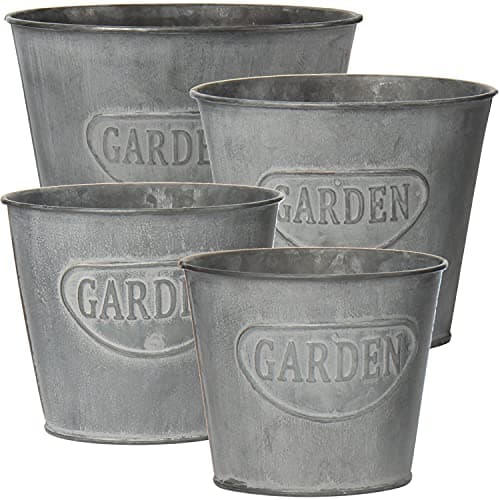 Image of Oairse Set of 4 Plant Pots Outdoor Galvanised Planter Garden Planters Metal Plant Pots Vintage Zinc Round Bucket Flower Pot Rustic Container for Plant or Decorative Home Modern Farmhouse Indoor