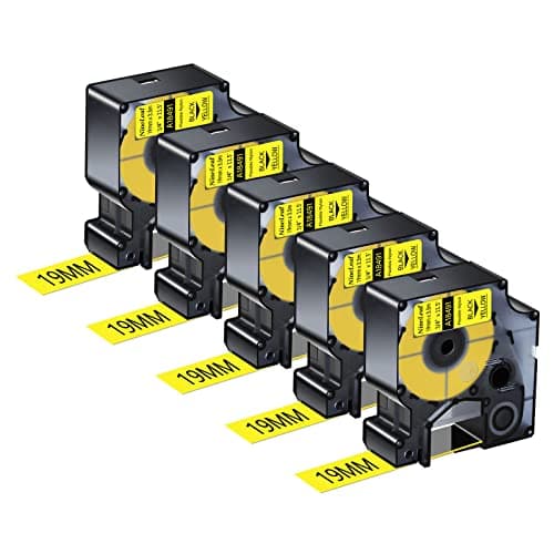 Image of NineLeaf 5 x Compatible for Dymo 18491 Tape Black on Yellow 3/4'' 19mm x 3.5m Flexible Nylon Industrial Label Tape for Rhino 4200 5200 5000 6000 ILP 219 3M PL150 PL200 PL300 Tyco T107M Label Maker