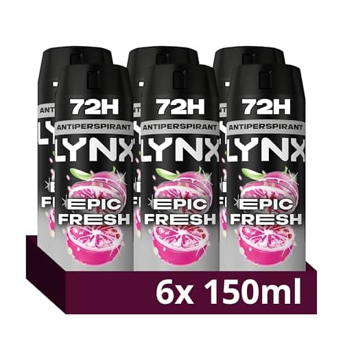 Image of Lynx Men Epic Fresh Deodorant Body Spray Antiperspirant with grapefruit & tropical pineapple scent and ProScent technology and 72 hours protection against odour and wetness 150 ml, Pack of 6