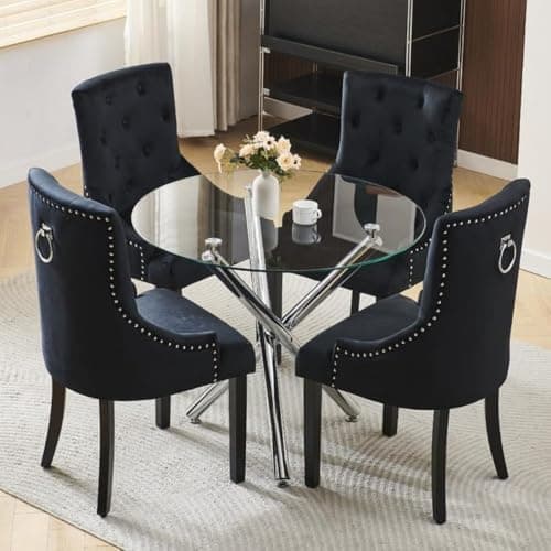 Image of Homullel Round Dining Table and 4 Chairs, 4 Seater Table and Chairs Set for 4, Compact Kitchen Dining Room Set for Space Saving, Glass Tabletop 90 cm (Knocker Black, 4 Seaters)