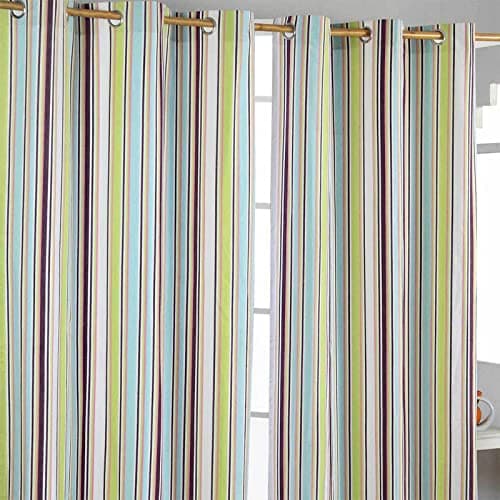 Image of HOMESCAPES Osaka Green Stripes - Eyelet Curtain Pair 117cm (46") Wide x 137cm (54") Drop 100% Cotton Ring Top Striped Curtains