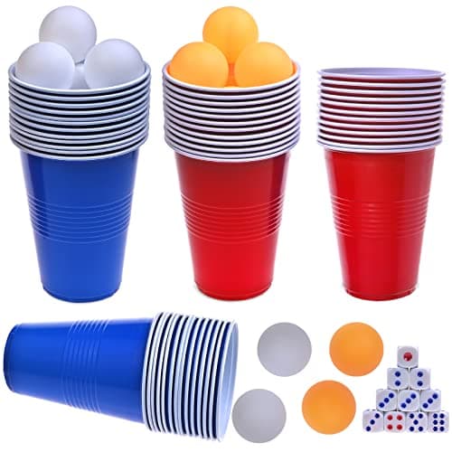 Image of Faburo Plastic Party Cups, Pack of 60 Reusable Plastic Cups for Party Games Adult for American Games(16 oz, 480 ml), 60 Red Blue Disposable Cups, 10 Ping Pong Balls, 10 Dice