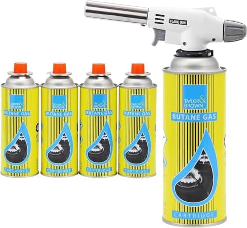 Image of Blow Torch with 4 Butane Gas Bottles - for Camping, Cooking, Kitchen, BBQ, Desserts, Creme Brulee | Refillable Flamethrower Welding Refill Auto Ignition Soldering Weed Burning Blowtorch Lighter