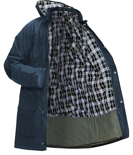 Image of Mega_Jumble Men's Padded Wax Cotton Jacket With Hood Waterproof Hiking Hunting Fishing Country Bodywarmer Casual Sportwear Outdoor Winter Coat (UK, Alpha, L, Regular, Regular, Navy)