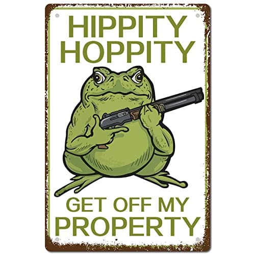 Image of CREATCABIN Frog Warning Sign Hippity Hoppity Get off My Property Tin Sign Wall Decor Art Metal Poster Vintage Retro Hanging Iron Painting Plaque for Home Garden Gifts Decorations 8 x 12 Inch