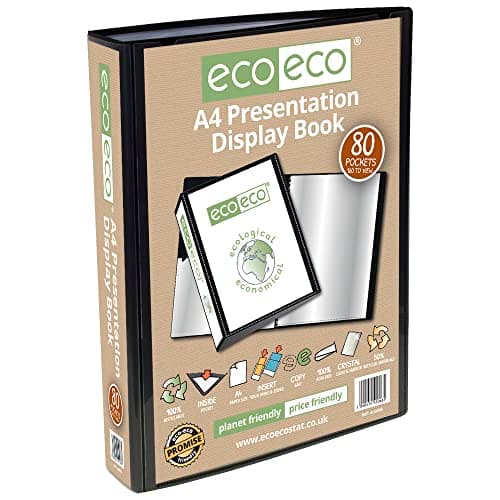 Image of eco-eco A4 Size 50% Recycled 80 Pocket Black Presentation Display Book, Storage Case Portfolio Art Folder with Plastic Sleeves