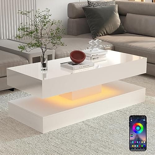 Image of JaHECOME Coffee Tables for Living Room White Tea Side End Table with 16 Colors LED Lights Rectangle Console Centre High Gloss Wooden Sideboard Modern Office Furniture