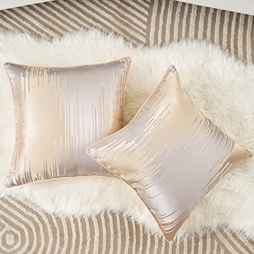 Image of Aeckself Pack of 2 High Precision Jacquard Square Pillow Covers Modern Geometric Stripes Decorative Pillowcase Soft Solid Cushion Case for Sofa Bedroom Car Living Room 20 x 20 Inch, Silver Grey Beige