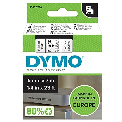 Image of DYMO Authentic D1 Labels | Black Print on Clear Tape | 6 mm x 7 m | Self-Adhesive Labels for LabelManager Label Makers | Made in Europe