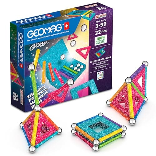 Image of Geomag Construction Toy - Glitter Panels, Powerful Magnetic Rods with Storage Blocks, STEM Learning, Recycled Plastic, 25 pcs, Multicoloured, Age 3-99yrs