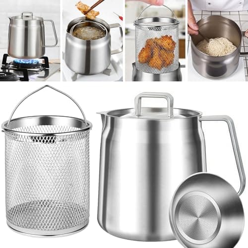 Image of 2L Deep Fat Fryer with Basket & Strainer, 304 Stainless Steel Deep Fryer Pot, Large Capacity Bacon Grease Container for Kitchen,Frying,Cooking,Camping,Oil Filter Container, Dishwasher Safe
